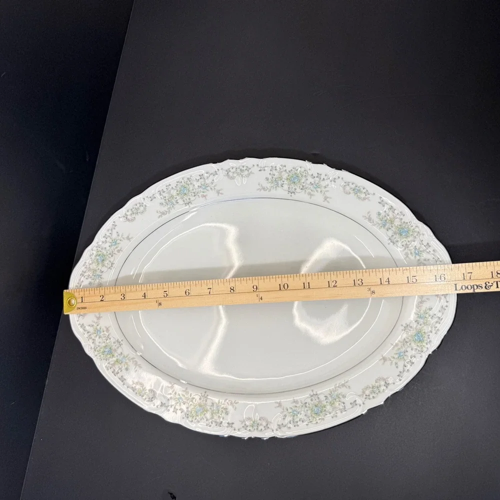 Norleans China Theresa Oval Serving Platter 16 Inch Vintage Floral Silver Trim